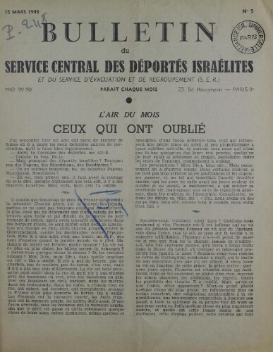 Bulletin du Service central des déportés israélites. N° 5 (15 mars 1945)